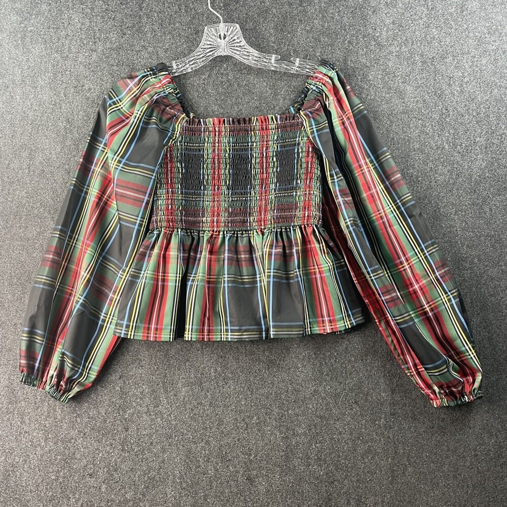 J Crew Womens Smocked  Puff Sleeve Top Blouse Size Small Plaid NWT